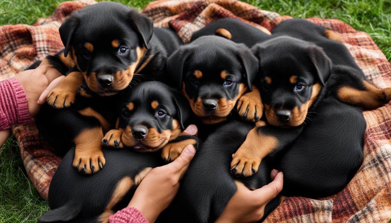 picking a Rottweiler puppy from a litter